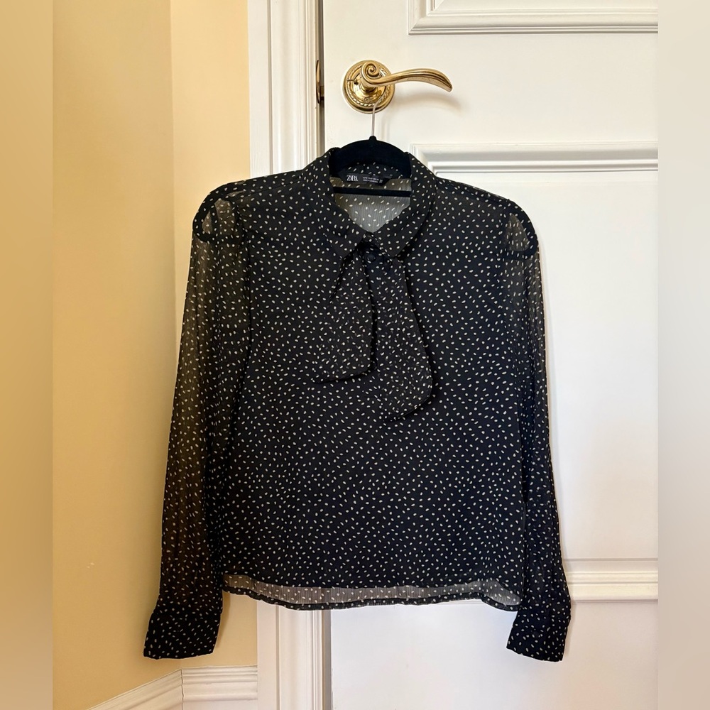 Zara Black Sheer Long Sleeve Blouse with White Dots size D